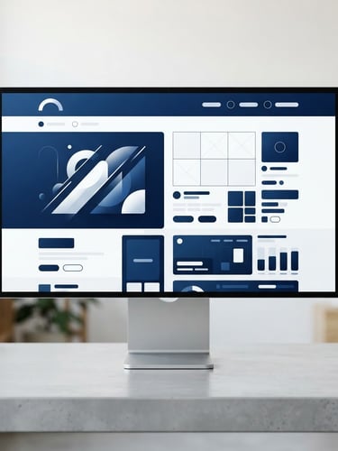 Straight-on clean device mockup displaying a modern website layout on a high-end monitor, bright studio lighting, deep blue and white tones