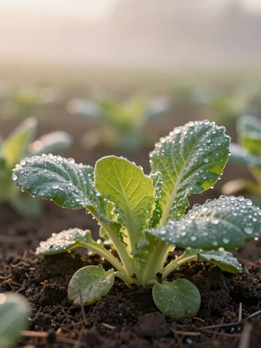 Close-up of dew-kissed organic leafy greens growing in rich dark soil, soft morning mist, warm golden-hour light, shallow depth of field, 35mm