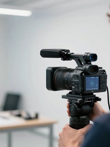 Over-the-shoulder shot of a professional camera filming a local craftsperson in a bright, modern workshop in Wagenfeld. Crisp natural daylight with subtle cool-toned studio backlights, shallow depth of field, B2B reliability.