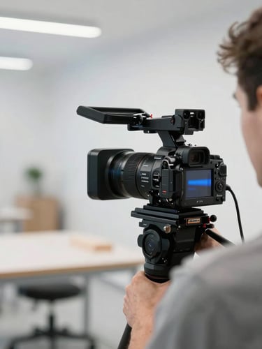 Over-the-shoulder shot of a professional camera filming a local craftsman in a clean modern workshop, crisp natural daylight with subtle blue studio backlights, shallow depth of field