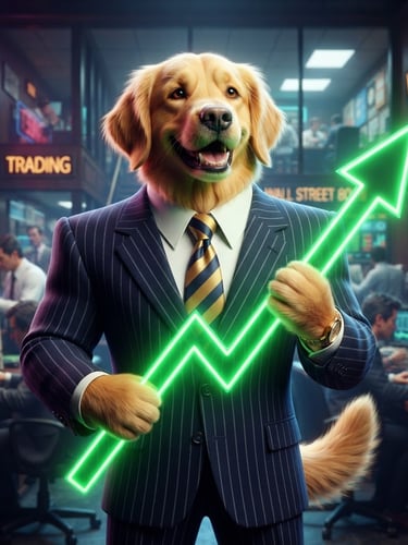 Dramatic 3D render of a golden retriever wearing a giant 1980s pinstripe business suit, holding a glowing neon green stock chart that points straight up, high contrast studio lighting, retro financial aesthetic.