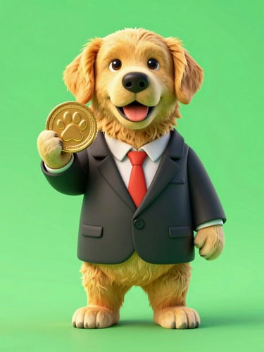 A vibrant 3D render of a golden retriever in an oversized 1980s business suit, holding a golden coin with a paw print, neon green background