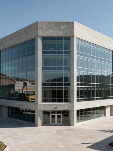 Symmetrical wide angle shot of a minimalist concrete and glass corporate headquarters, clean sharp shadows, bright high-altitude daylight, Steamboat Springs alpine horizon in the distance.