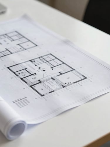 Highly structured close-up of clean physical architectural blueprints laid out on a minimalist white desk, soft shadows, bright natural light.
