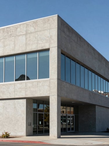 A bright, natural-light photograph of a minimalist concrete and glass corporate office facade in Steamboat Springs, clean lines, sharp shadows, mountain peaks visible in the distant background.