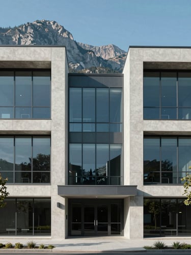 Symmetrical, wide shot of a modern concrete and glass building facade under bright, clear mountain daylight, clean shadows.