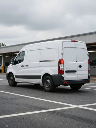 Wide shot of a Bulldog courier van moving through an urban loading dock area, motion blur on the vehicle, overcast sky, painted route markings on asphalt visible, no people — only the vehicle in purposeful transit