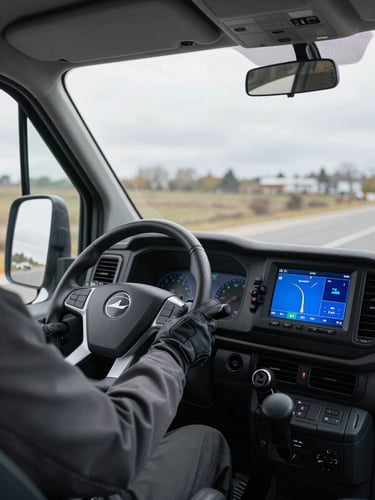 Close interior shot of a courier van cab, GPS navigation screen glowing blue on the dashboard, driver's gloved hand resting on steering wheel, overcast daylight through windshield, industrial and purposeful