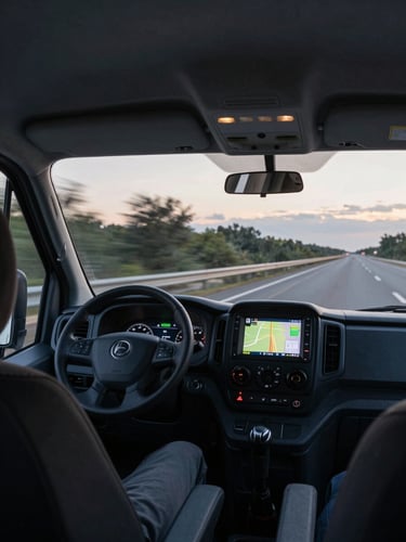 Wide panoramic shot from passenger seat of a courier van moving along a highway at dusk, GPS navigation screen glowing on the dashboard, motion blur on road markings outside the window, utilitarian and purposeful