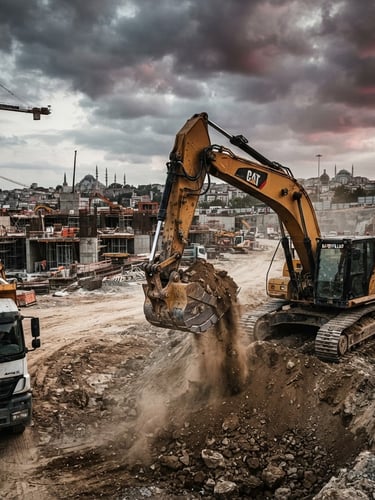 Dramatik ışık altında modern bir inşaat şantiyesinde çalışan büyük, sarı bir ekskavatör, sağ tarafta, geniş açılı, yüksek kontrastlı, çelik ve toz detayları vurgulanmış.