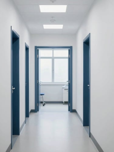 Bright clinical corridor leading to a modern orthopedic trauma suite, sterile white walls with deep slate blue accents, sharp focus, 35mm