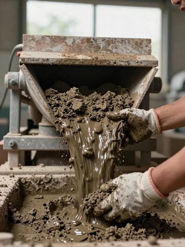 Close-up ground-level view of raw clay earth being loaded by gloved hands into the intake hopper of a brick-making machine, natural overcast daylight from a factory window above, wet clay texture visible, no faces, documentary framing from operator's perspective