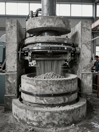 Wide shot from operator's perspective inside a concrete brick pressing machine, raw cement mix being loaded into the mould, machine arm mid-cycle, overcast daylight from a high factory window, no posed workers