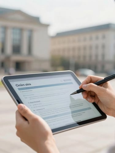 Close-up of hands holding a tablet, completing an online form, with a blurred background of modern European institutional buildings, soft natural daylight, hopeful bright tones, shallow depth of field, 35mm