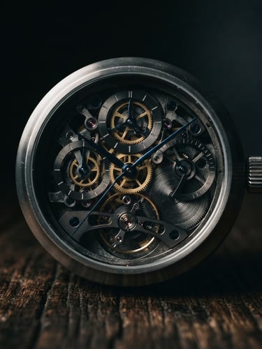 Macro shot of Ocular-01 mechanical desk clock on a dark oak desk, low-key dramatic side-lighting, sharp metallic highlights, deep shadows, 35mm