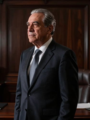 Low-key editorial portrait of a senior Mexican attorney in a dark bespoke suit, dramatic side-lighting, deep shadows with sharp silver highlights, background of a prestigious dark-wood law office, 50mm lens, highly professional.