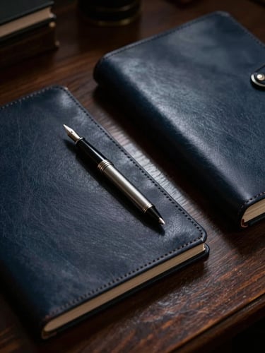 Close-up of leather-bound legal folios and a classic fountain pen on an antique dark oak desk, low-key dramatic side-lighting, deep shadows, silver highlights, sharp focus.