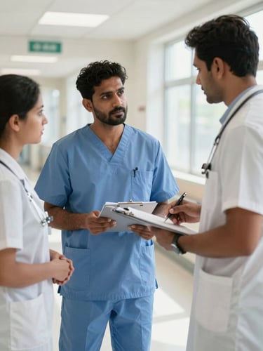 Indian doctor in a bright, modern German hospital corridor, wearing clinical scrubs, discussing patient charts with a colleague, natural daylight.
