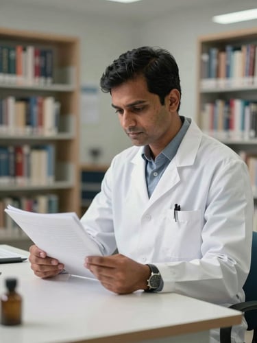 A focused Indian doctor in a clean, modern German clinical library, studying medical texts under soft natural daylight, professional atmosphere.
