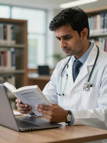 A focused Indian doctor studying German medical terminology with a textbook and laptop in a bright, modern library, cool daylight.