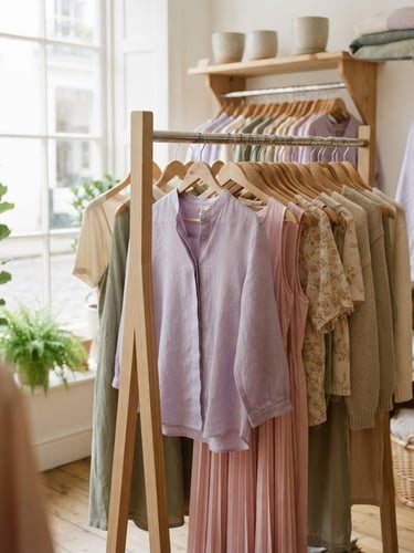 A bright, sunlit room with neatly organized clothing racks and wooden hangers, soft natural window light, warm editorial photography