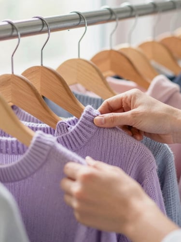 Close-up of a volunteer's hands neatly arranging colorful, clean knit sweaters on a warm wooden hanger, soft natural window light, shallow depth of field