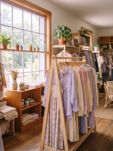 A bright, sunlit community space with neatly organized clothing racks and warm wooden shelves, soft lavender morning light streaming through a large window, 35mm
