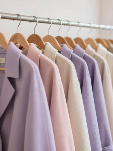 Soft natural daylight illuminating a neatly organized clothing rack with warm wooden hangers, clean pastel-colored coats, and a welcoming boutique atmosphere.