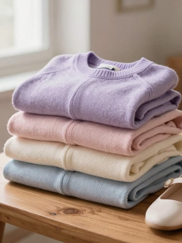 A neatly folded stack of pastel-colored sweaters and clean shoes on a wooden table, bathed in soft morning light, warm editorial style.