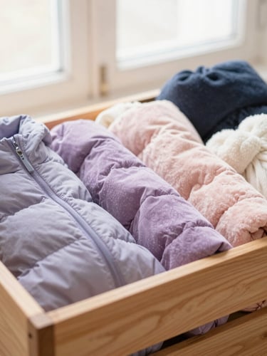 Warm editorial photo of a wooden collection bin filled with colorful new winter coats and scarves, soft morning light, shallow depth of field
