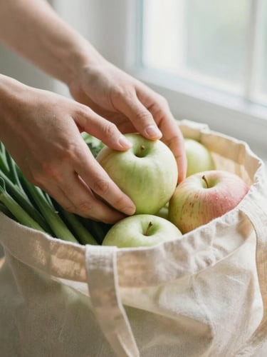 A close-up of hands gently placing fresh apples and green vegetables into a clean, sturdy canvas bag, soft natural daylight, shallow depth of field.