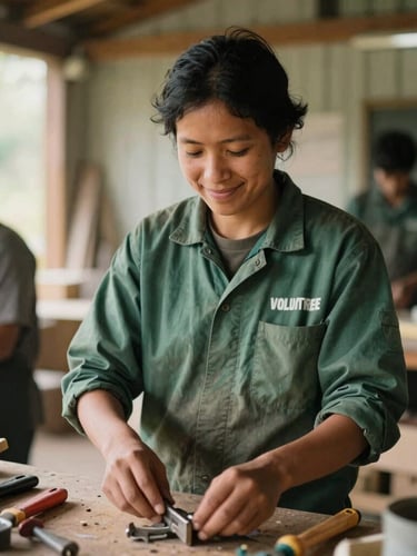 Candid portrait of a volunteer in a forest green work shirt smiling softly while organizing tools in a sunlit community workshop, shallow depth of field, warm organic tones.