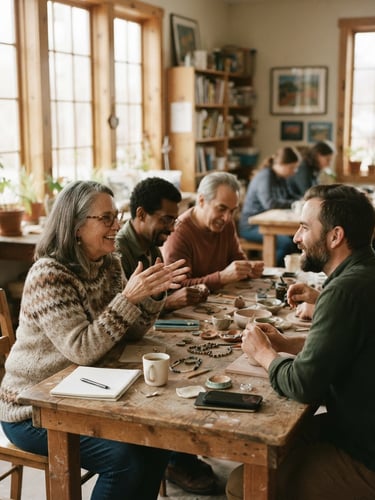 Candid medium shot of a local community center workshop, warm natural light streaming through windows, neighbors sitting around a wooden table talking, 35mm film aesthetic, shallow depth of field