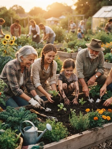 Candid documentary photo of volunteers of different ages working side-by-side in a community garden, warm golden-hour light, 35mm film aesthetic, earthy organic tones.