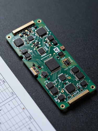 Overhead flat-lay of automotive-grade circuit board and technical specification documents on a dark matte surface, cool diffused studio light, sharp focus on connector terminals and component markings, no people, no screens