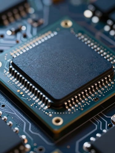 Extreme close-up of a high-density embedded processor mounted on a dark PCB, cool studio strobe lighting raking across solder points and trace lines from left, sharp focus on chip die, deep navy tones with metallic silver highlights, no text or screens visible