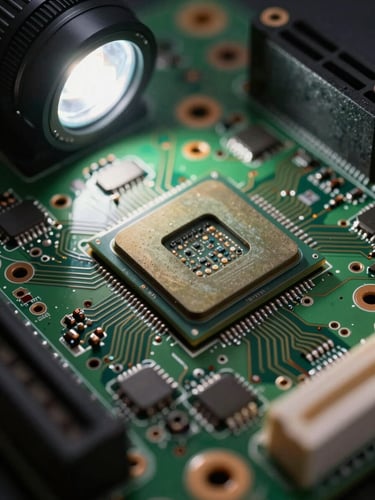Extreme close-up of an automotive embedded control unit — dense circuit board traces, processor die visible, cool strobe lighting from the upper left, shallow depth of field, industrial precision