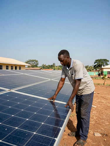 A technician adjusting solar panels on a school roof in rural Ghana, clear blue sky, wide environmental shot.