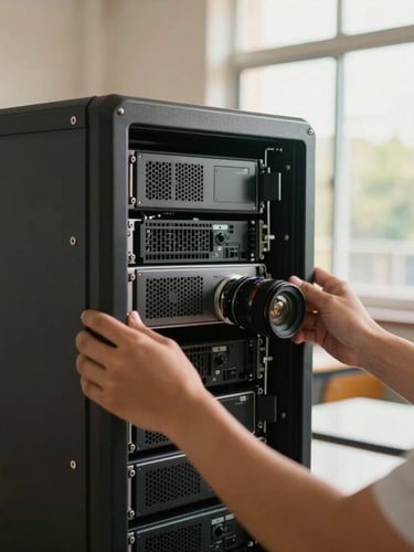 Close-up of hands installing a ruggedized server rack inside a solar-powered school lab, warm natural sunlight filtering through the window