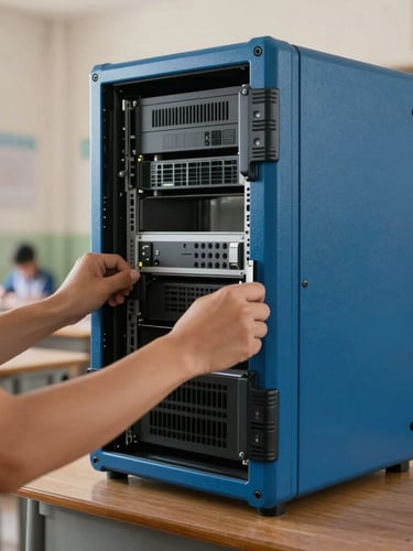 Close-up of hands installing a ruggedized blue server rack inside a rural school classroom, natural morning light.