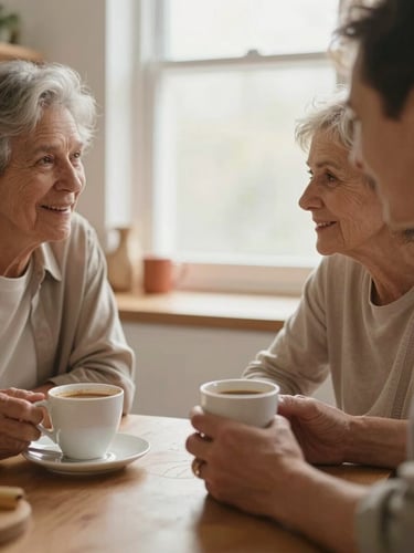 Candid medium close-up of an intergenerational pair talking over coffee in a warm kitchen, soft natural window light, warm terracotta accents, shallow depth of field.