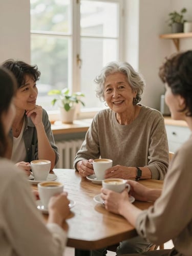 A warm, candid photo of intergenerational pairs talking over coffee in a sunlit community kitchen, soft natural window light, shallow depth of field