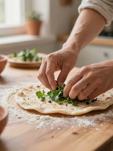 Close-up of hands preparing fresh herbs and flatbread together in a sunlit kitchen, flour dusting the wooden counter, warm terracotta tones, shallow depth of field.