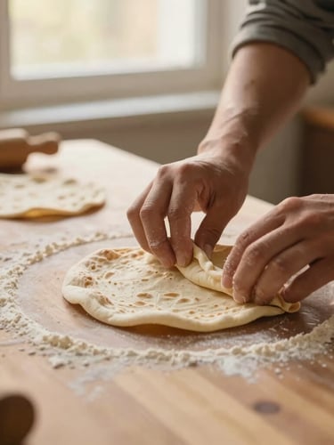Hands preparing fresh flatbread together on a flour-dusted wooden table, warm golden-hour light, soft focus, candid editorial style.