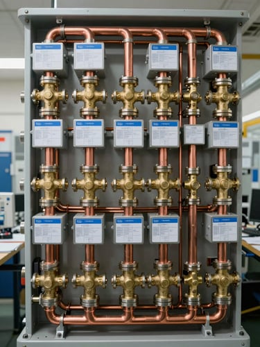 Pristine, straight-on medium shot of a highly organized mechanical room. Neatly routed copper manifolds with perfectly aligned brass valves, clean blueprint-blue accent tags, bright natural lighting, sharp technical focus.