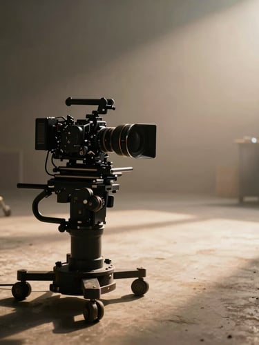 Wide cinematic behind-the-scenes shot of a movie set, a rigged camera on a heavy stabilizer in the left foreground, soft warm backlighting casting long shadows across the studio floor, hazy atmosphere.