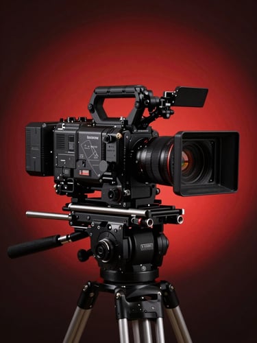 A rigged cinema camera with a matte box and follow focus, illuminated by a sharp, dramatic red backlight against a dark studio background.