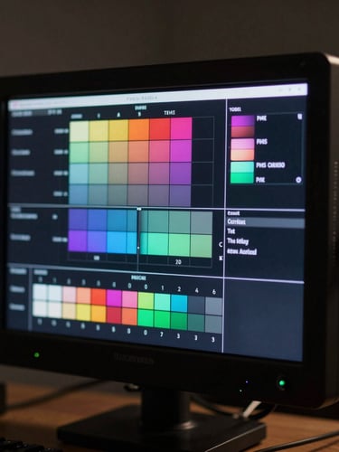 Dramatic close-up of a high-definition director monitor displaying a calibrated color chart under moody studio lighting, sharp focus.