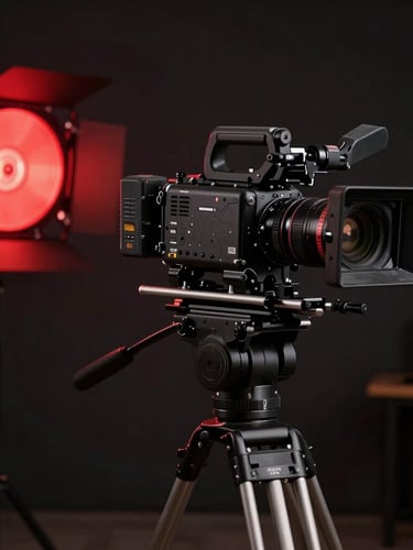 A rigged cinema camera with matte box and follow focus on a heavy tripod, low-key dramatic studio lighting with a red record light glowing, dark background, wide aspect.