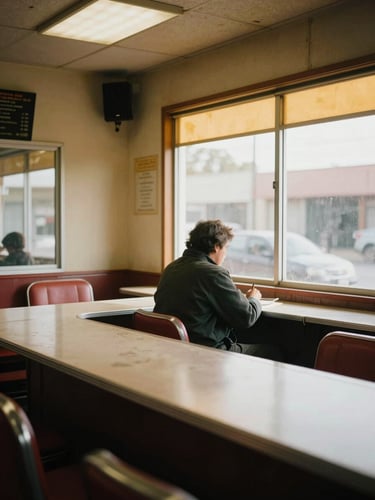 Wide shot interior of a worn diner, warm amber window light spilling across a single figure seated at the counter, documentary still, shallow depth, grain preserved